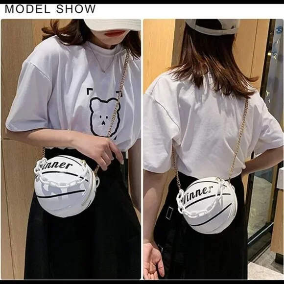 White Basketball Shaped Gold Chain Purse Crossbody Handbag - Picture 5 of 6